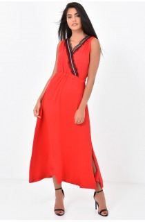 Kırmızı Kruvaze Yaka Bacak Yırtmaçlı Elbise